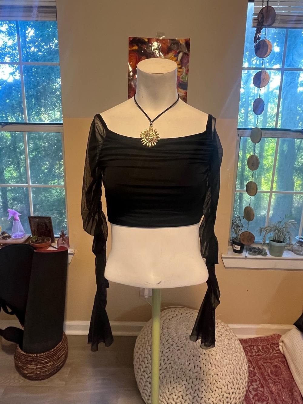 Black Sheer Sleeve Crop Top - Unbranded whimsygoth Fairycore
